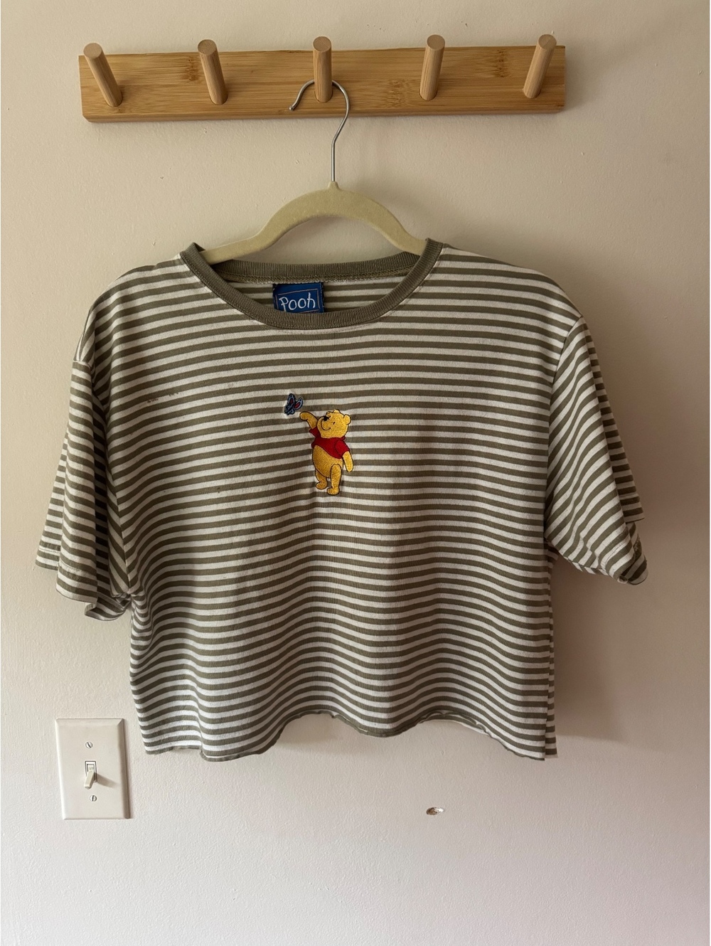 Vintage Winnie the Pooh tan and white striped embroidered t shirt